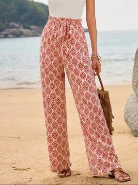SHEIN Red and Cream Geometric Wide-Leg Pants